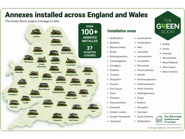 Map showing over 100 Green Room garden annexes installed across 37 counties and areas in England and Wales.
