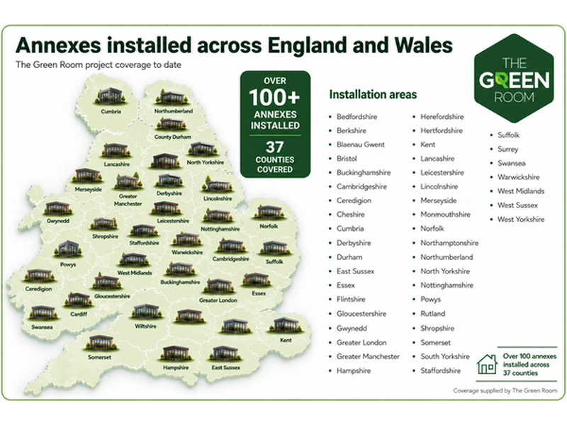 Map showing over 100 Green Room garden annexes installed across 37 counties and areas in England and Wales.