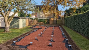 Screw Pile foundations laid out in the garden