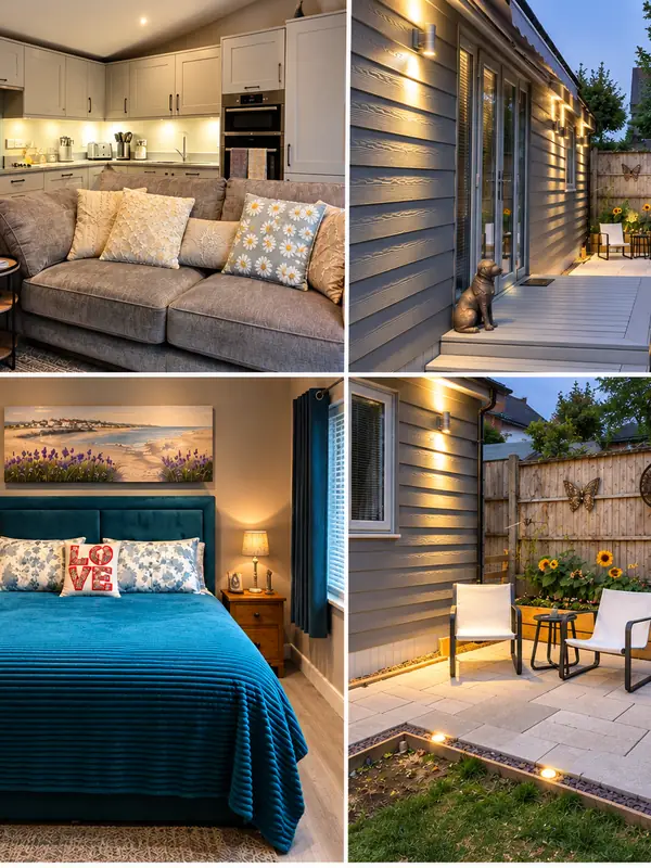 The Ridgemount Lodge showing the living area, bedroom, exterior and garden