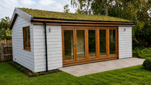 Front view of a garden annexe with a pitched sedum's roof and French doors.