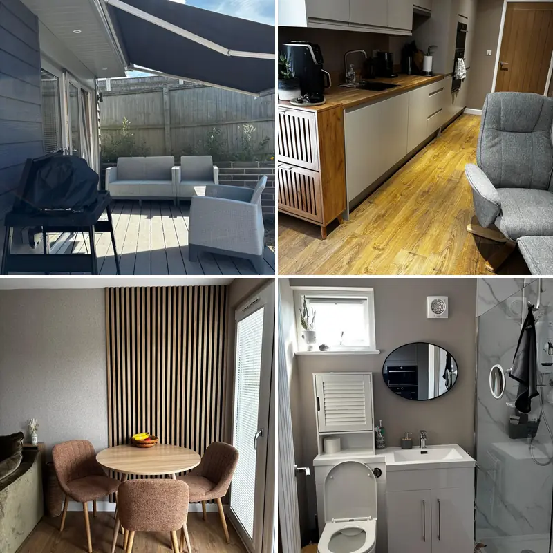 The Aspen one-bedroom annexe collage featuring the external view, open-plan living and shower-room.