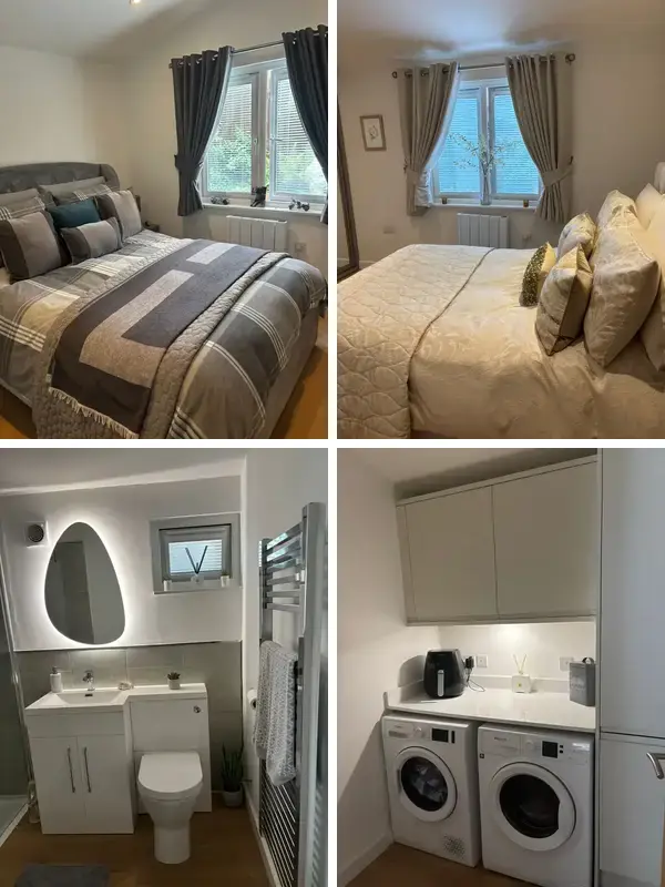 Eastward two-bedroom lodge bedroom and bathroom collage