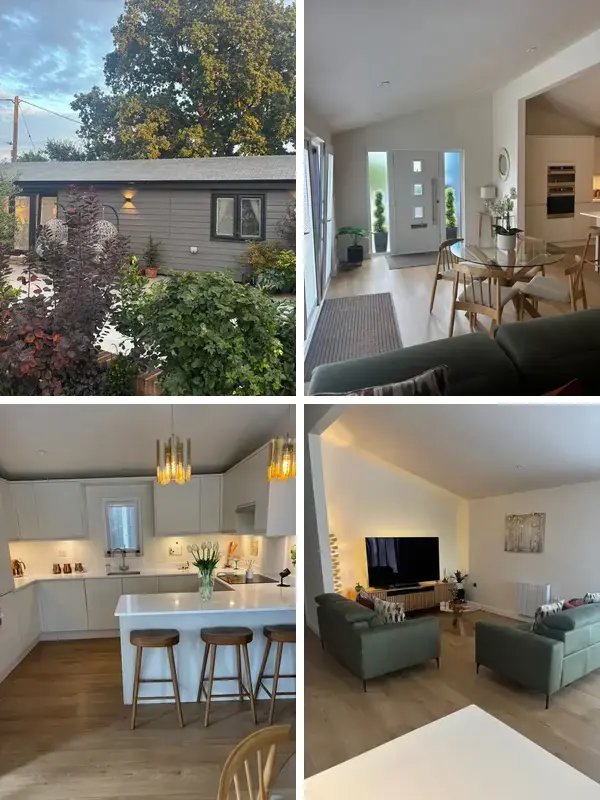 Collage of the Eastward Lodge showing the external view and open-plan living area.