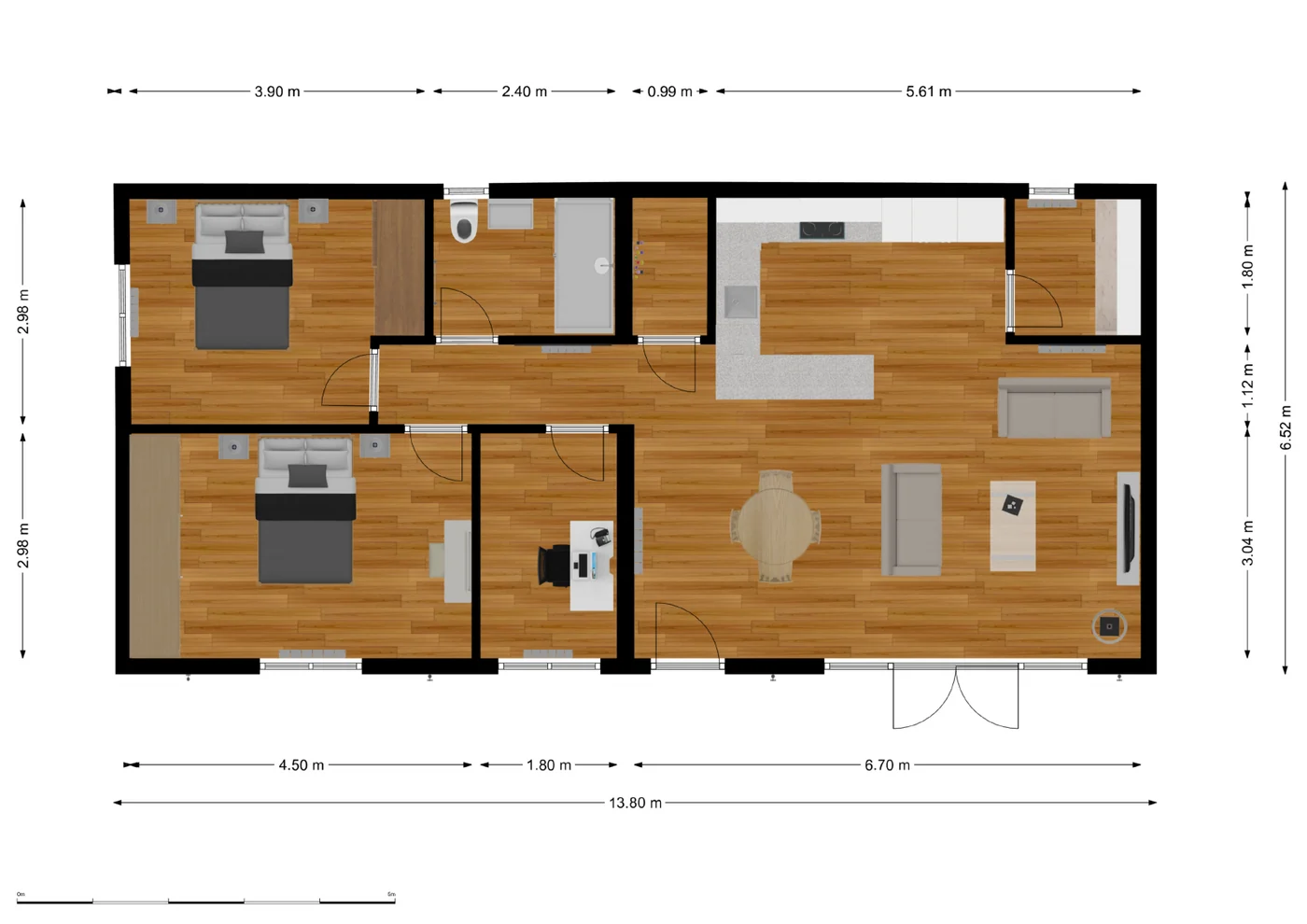 Burlington Lodge floor plan showing two double bedrooms, a third bedroom arranged as an office, open-plan living, kitchen, shower room and utility room.