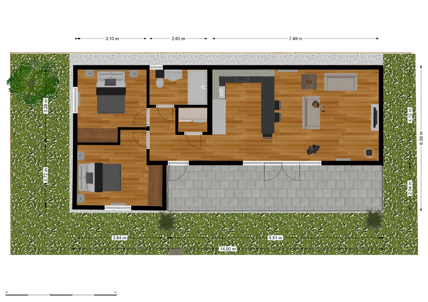 Woodside XL Lodge floor plan showing two double bedrooms, an open-plan kitchen and living area, shower room and utility room.